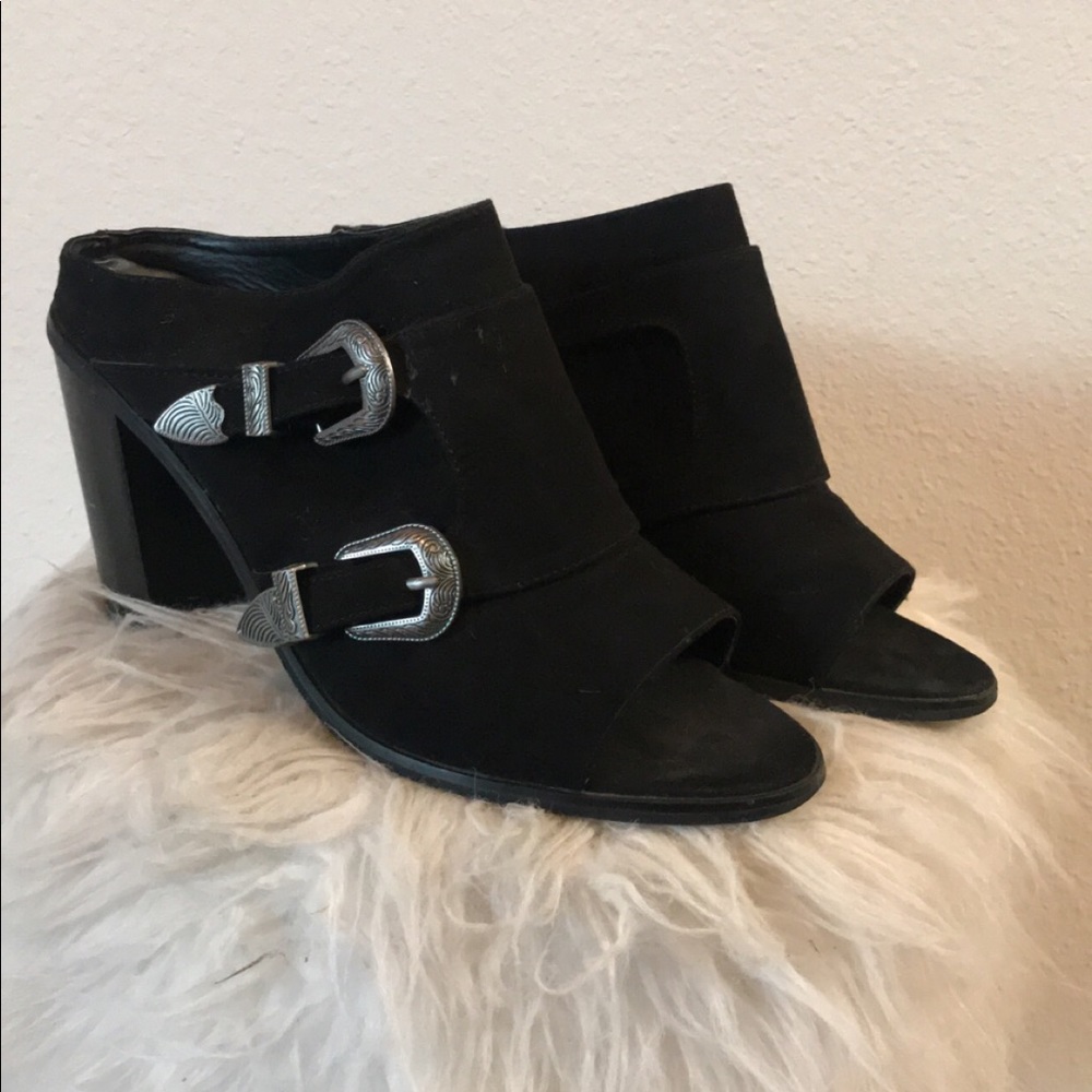 Black Buckle Open Toe Mules